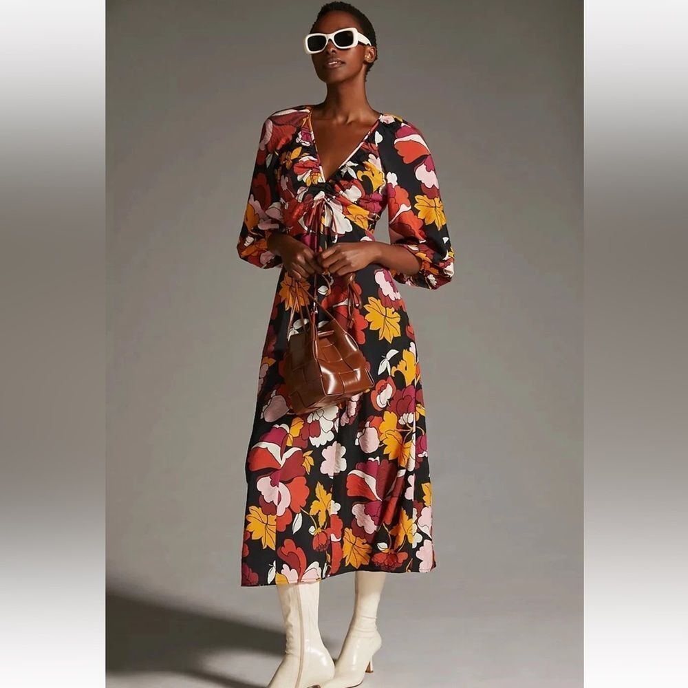 Maeve Dress Women Maxi Floral Ruched Flare Anthropologie Deep V Party Core Sz 2